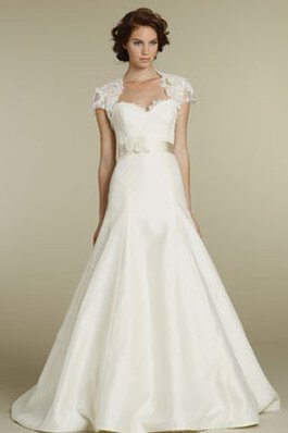 Robe de mariée naturel avec manche épeules enveloppants de traîne courte en satin ceinture