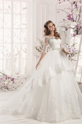 Abito da Sposa A-Line Allacciato Naturale con Perline con Mezze Maniche in pizzo