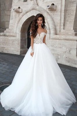 Abito da Sposa A-Line Coda A Strascico Cappella decorato con Maniche Lunghe Elegante Cuore