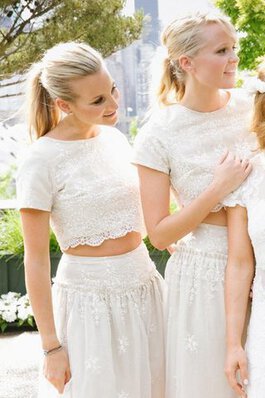 Juwel Ausschnitt kurze Ärmeln zweistück bodenlanges schlichtes luxus Brautjungfernkleid