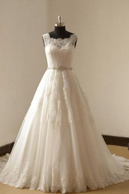 Robe de mariée distinguee avec zip de col bateau manche nulle a-ligne