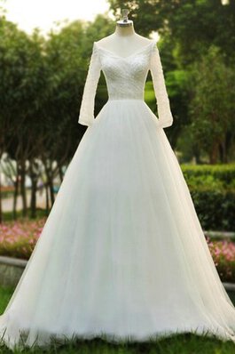 Abito da Sposa Spazzola Treno Ball Gown con Perline con Piega Schiena Nuda V-Scollo