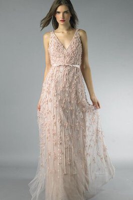 Robe de bal naturel manche nulle en tulle de col en v avec perle