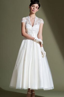 Abito da Sposa con Fusciacca in Tulle V-Scollo con Nastro Romantico A-Line