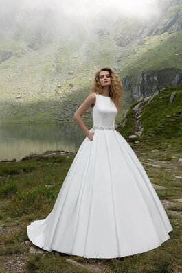 Abito da Sposa Naturale Barchetta A-Line A Terra Coda A Strascico Corto Senza Maniche