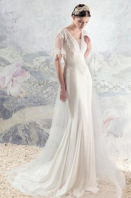 Abito da Sposa V-Scollo in Chiffon Profondo V-scollo in pizzo con Applique Schiena Nuda