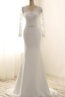 Abito da Sposa Bordo Ondulato con Applique con Maniche Lunghe Tubino in Pizzo Elegante