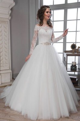 Abito da Sposa Lungo con Maniche Lunghe A Terra in Pizzo in Tulle Naturale