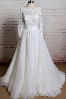 Robe de mariée naturel a-ligne avec manche longue col en bateau textile en tulle