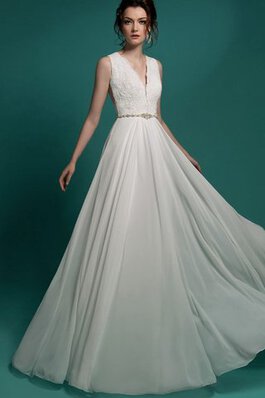 Abito da Sposa A Terra con Perline Spazzola Treno Vintage Senza Maniche in Chiffon