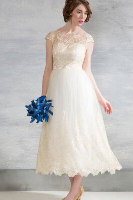 Abito da Sposa con Manica Corte A-Line Cappellino con Applique Barchetta in Tulle