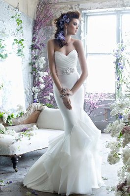 Abito da Sposa con Increspato in Organza con Perline Spazzola Treno con Cristino con Nastro