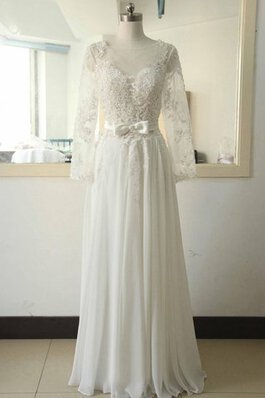 Abito da Sposa in Pizzo Sotto Ginocchio in pizzo in Raso Allacciato con Maniche Lunghe