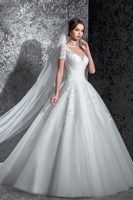 Robe de mariée longue de col en v de mode de bal decoration en fleur en tulle