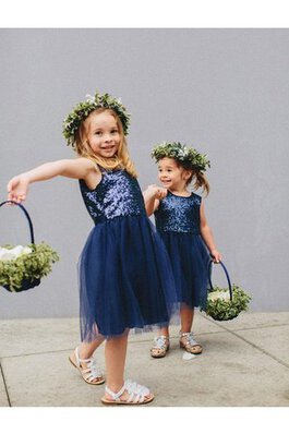 Ärmellos Tüll A-Line kurzes Blumenmädchenkleid mit Pailletten mit Blume