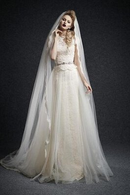 Abito da Sposa con Applique con Bottone Cappellino A-Line in Tulle con Perline