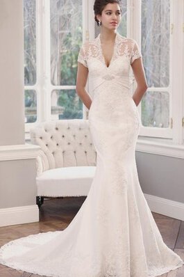 Robe de mariée naturel de sirène avec manche courte decoration en fleur de col en v