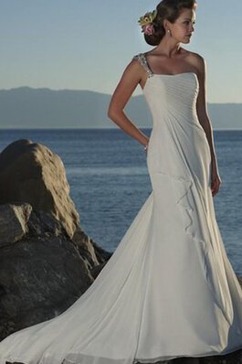 Abito da Sposa Tubino con Perline in Chiffon Naturale Senza Maniche Spazzola Treno