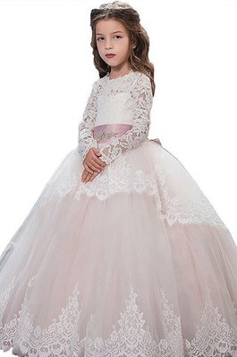 Abito da Cerimonia Bambini decorato Naturale in Pizzo in Tulle con Maniche Lunghe