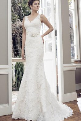 Abito da Sposa V-Scollo con Fiore in Pizzo Naturale Senza Maniche con Applique