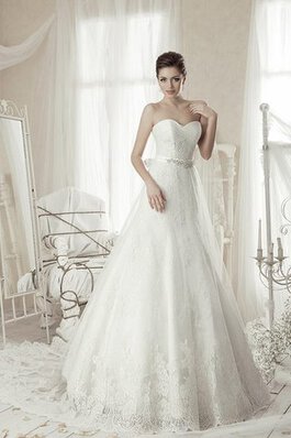 Abito da Sposa Coda A Strascico Corto A-Line con Increspato in pizzo Naturale A Terra