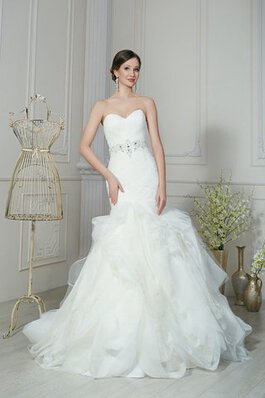 Abito da Sposa A Terra con Increspature in Organza con Perline con Increspato Naturale