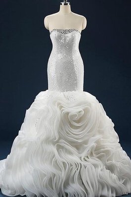 Abito da Sposa Senza Maniche Sirena in Paillette in Organza con paillette Naturale