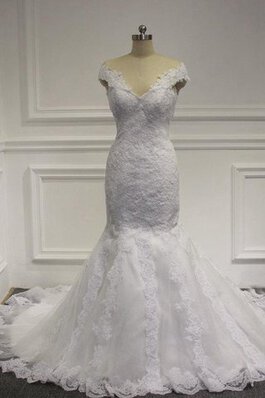 Abito da Sposa in Pizzo Naturale con Manica Corte V-Scollo A Terra Cappellino