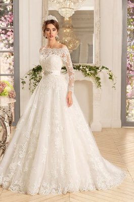 Abito da Sposa Fuori dalla spalla in Pizzo con Maniche Lunghe Vintage con Piega moda