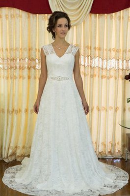 Robe de mariée v encolure a-ligne manche nulle en dentelle jusqu'au sol