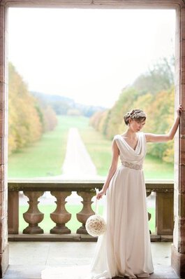 Robe de mariée naturel de cape de traîne moyenne fermeutre eclair jusqu'au sol