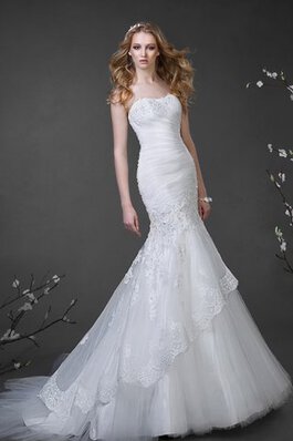 Abito da Sposa senza spalline Coda A Strascico Corto Senza Maniche Sirena in Tulle con Perline