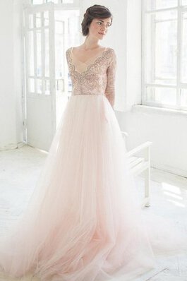 Abito da Sposa in Pizzo stravagante con Fiore in Tulle Coda A Strascico Corto V-Scollo