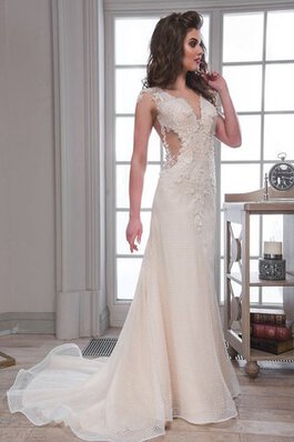 Abito da Sposa Tubino Cappellino con Applique Profondo V-scollo Lungo con Perline