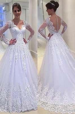 Abito da Sposa Elegante Principessa con Applique V-Scollo A-Line