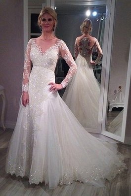 Abito da Sposa con Maniche Lunghe Semplice V-Scollo Naturale in Tulle