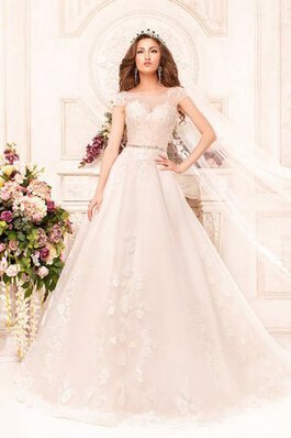 Robe de mariée avec manche courte appliques encolure ronde de traîne moyenne ligne a