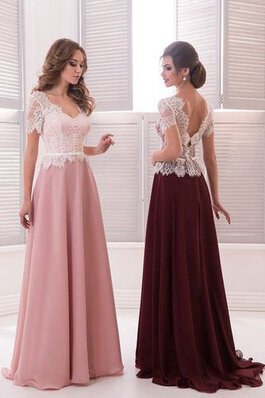 Natürliche Taile Sweep train kurze Ärmeln V-Ausschnitt Ballkleid aus Chiffon mit Bordüre