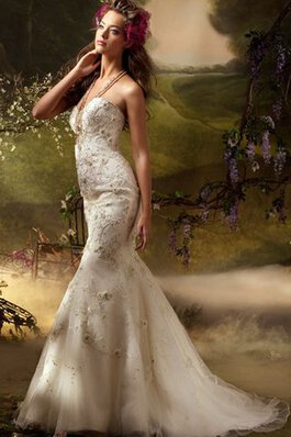 Abito da Sposa con Perline Senza Maniche Schiena Nuda con Ricamo Naturale in Tulle