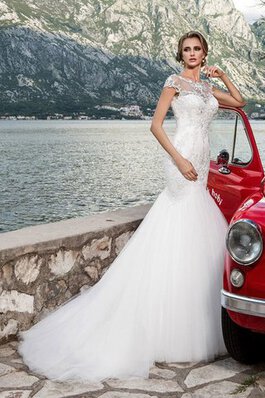 Robe de mariée naturel de traîne moyenne textile en tulle a plage de sirène avec lacets