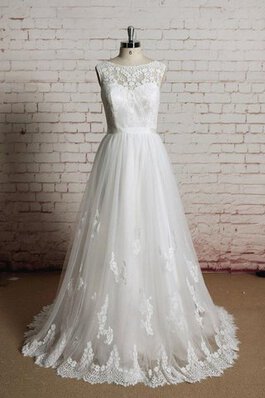 Robe de mariée naturel avec sans manches col ras du cou avec décoration dentelle en tulle