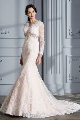 Robe de mariée naturel avec manche longue au bord de la mer en organza avec perle