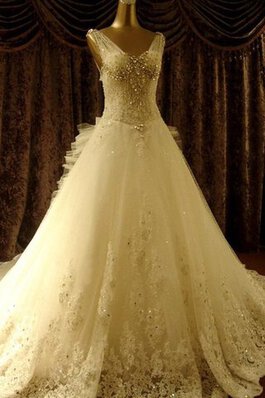 Vestido de Novia de Corte Evasé de Cola Corte de Escote en V de Apliques de Sin mangas