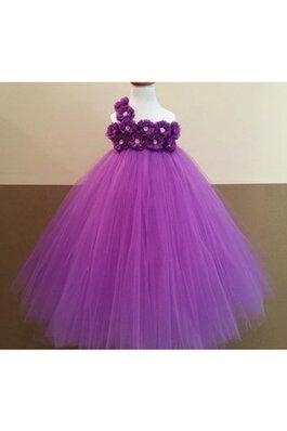 Robe de cortège enfant en tulle de lotus d'épaule asymétrique avec fleurs de mode de bal