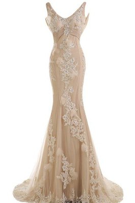 Robe de bal luxueux de sirène de col en v avec perle manche nulle