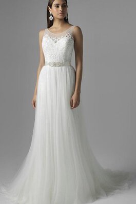 Abito da Sposa A-Line con Applique Naturale in Tulle Senza Maniche con Piega