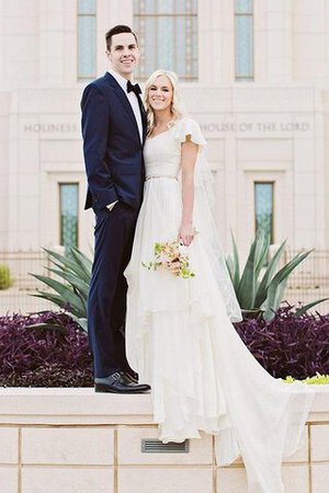 Abito da Sposa con Manica Corte in Chiffon sogno con Perline Senza Maniche Cerniera - Foto 5