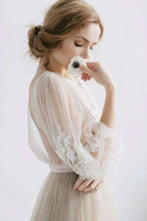 Robe de mariée plissage avec fleurs col en bateau textile en tulle avec manche longue - Photo 3