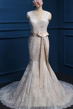 Robe de mariée naturel de col en v ceinture avec ruban de sirène - Photo 5