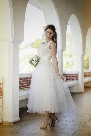 Abito da Sposa con Perline Cerniera Senza Maniche A-Line Sotto Ginocchio in Tulle - Foto 3